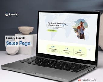 May include: Laptop computer screen displaying a website for a family travel course. The website features a world map, a family of four on a beach, and the text "Plan the Ultimate Family Adventure with Easel". The website also includes statistics such as "500+ Happy Families", "32K Hours Worked", and "184 Awards Received".