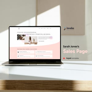 May include: A laptop computer displaying a website with a pink and white color scheme. The website is for a business called "inweba" and features the text "Unlock your potential and build a thriving business". The website also includes a section titled "Partners who inspire and support" with two sections titled "Business Leaders Group" and "Women Thrive Alliance".
