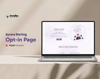 Könnte beinhalten: Ein Laptop zeigt eine Opt-in-Seite mit dem Text "FREE GUIDE!" und "YOUR ARCHETYPE: WHO ARE YOU IN THE UNIVERSE?". Die Seite ist eine Kajabi-Vorlage von Aurora Sterling, mit dem Inweba-Logo oben links. Der Laptop steht auf einer weißen Oberfläche.