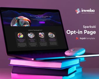 Könnte beinhalten: Ein Laptop, der eine Webseite mit dem Text "5 AI Tools That Will Skyrocket Your Business Growth" und "SparksAi Opt-in Page" anzeigt. Der Laptop steht auf einem Stapel Bücher, mit einer Maus daneben. Der Hintergrund ist ein Farbverlauf aus Lila und Rosa.