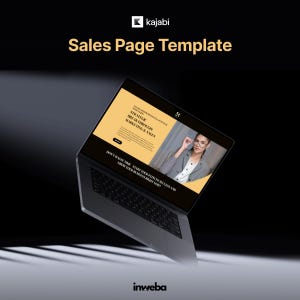 May include: A laptop showing a "Sales Page Template" with the Kajabi logo. The screen displays a website design with text and an image of a woman. The text on the screen includes "Strategic Breakthrough Marketing & Sales" and "Don't waste time. Start your path to success."