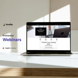 May include: A laptop screen showing a webinar registration page with the text "FREE MASTERCLASS Registration" and "Transform your coaching career." The laptop is on a white surface, with the "inweba" and "Promentor Webinars" logos visible.
