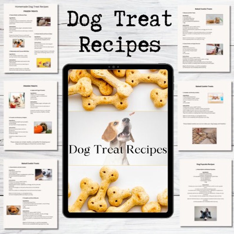 May include: A digital tablet displaying a collection of dog treat recipes. The screen shows a close-up of homemade dog treats shaped like bones, with a dog looking up at them. The text "Dog Treat Recipes" is displayed on the screen.