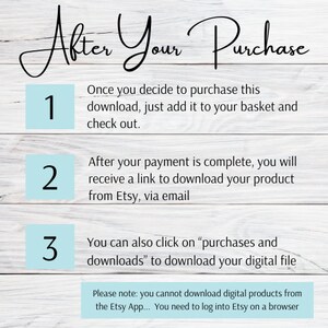 May include: A light blue background with white text explaining how to download a digital product after purchase from Etsy. The text includes the numbers 1, 2, and 3 to indicate the steps. The text also includes the phrase "Please note: you cannot download digital products from the Etsy App... You need to log into Etsy on a browser."
