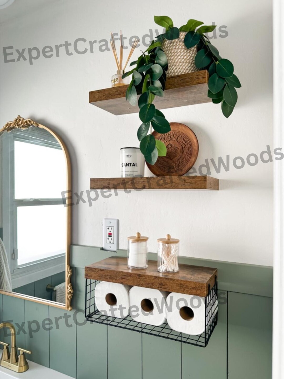 Set of 3 Wooden Floating Shelves With Storage Basket Bathroom Shelves ...