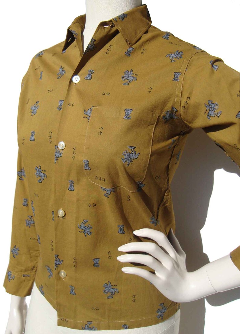 Vintage 50s Ladies Shirt Colonial Print Camel Cotton S Penney's image 3