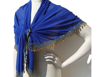 Vintage Blue Shawl Egyptian Beaded Rayon Wrap - Iskandrea