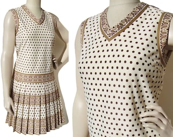 Vintage 60s Dress Sleeveless Polka Dots & Border Print S / M