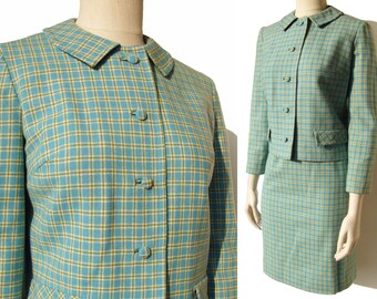 Vintage 60s Pendleton Skirt Suit Turquoise Wool Plaid S / M