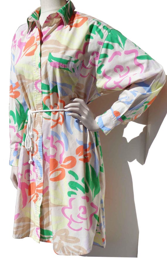 Vintage 90s Dress Shirtdress Floral Cotton Print L XL - The GAP View 2