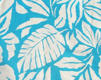 Vintage Hawaiian Fabric Turquoise & White Leaf Print by Reflections 3.8 Yds