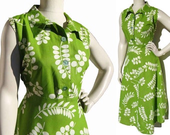 Vestido vintage de los 80, algodón, verde lima, estampado botánico, talla XL.