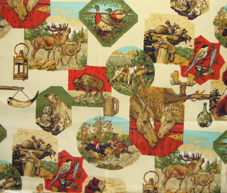 Vintage Nature Fabric Camping Outdoors Animals Novelty Print 1&3/4 Yds image 1