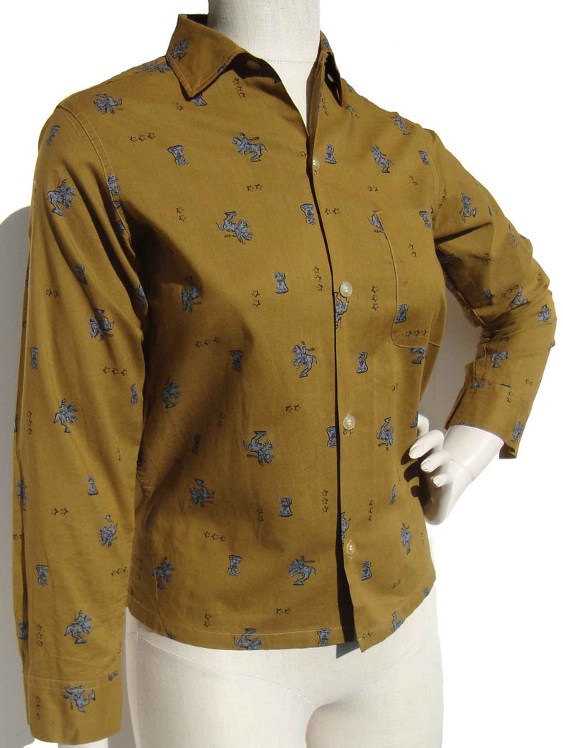 Vintage 50s Ladies Shirt Colonial Print Camel Cotton S Penney's image 2