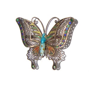 Vintage Chinese Export Silver Filigree & Enamel Butterfly Brooch image 1