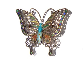 Vintage Chinese Export Silver Filigree & Enamel Butterfly Brooch