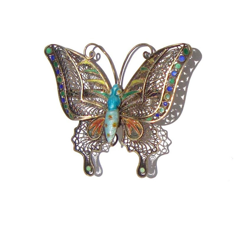 Vintage Chinese Export Silver Filigree & Enamel Butterfly Brooch image 1