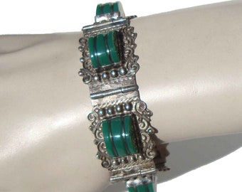 Vintage 50s Mexican Sterling Silver & Green Onyx Panel Bracelet