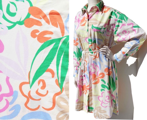 Vintage 90s Dress Shirtdress Floral Cotton Print L XL - The GAP
