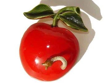 Vintage Red Apple & Worm Brooch Enamel Novelty Pin - Original by Robert