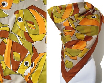 Vintage 70s Modernist Silk Scarf Abstract Fish Novelty Print