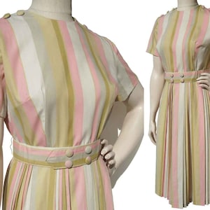 Vintage 60s Pleated Dress Pink Striped Shirtwaist Novelty Buttons M image 1