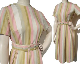 Vintage 60s Pleated Dress Pink Striped Shirtwaist Novelty Buttons M