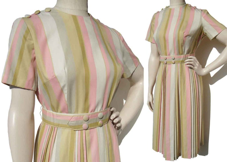 Vintage 60s Pleated Dress Pink Striped Shirtwaist Novelty Buttons M image 1