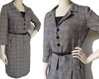 Vintage 60s Glen Plaid Dress & Jacket Set Black White Tartan S / M