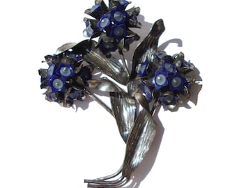 Vintage 50s Lidz Bros Flower Brooch Blue Bouquet Pin