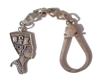 Vintage Nefertiti Silver Keychain Ancient Egyptian Hieroglyphs