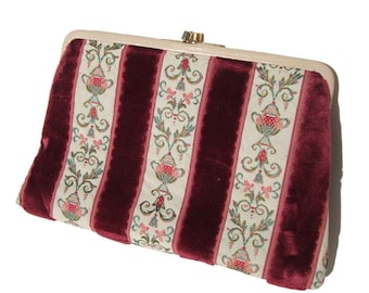 Vintage 60s Clutch Purse Red Velvet Tapestry Bag Handbag