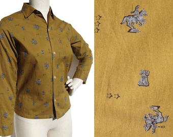 Vintage 50s Ladies Shirt Colonial Print Camel Cotton S - Penney's