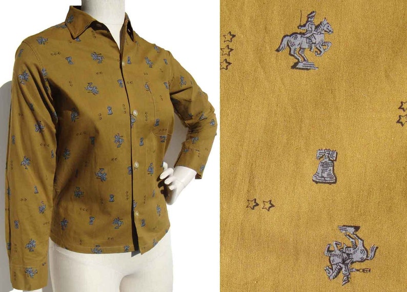 Vintage 50s Ladies Shirt Colonial Print Camel Cotton S Penney's image 1