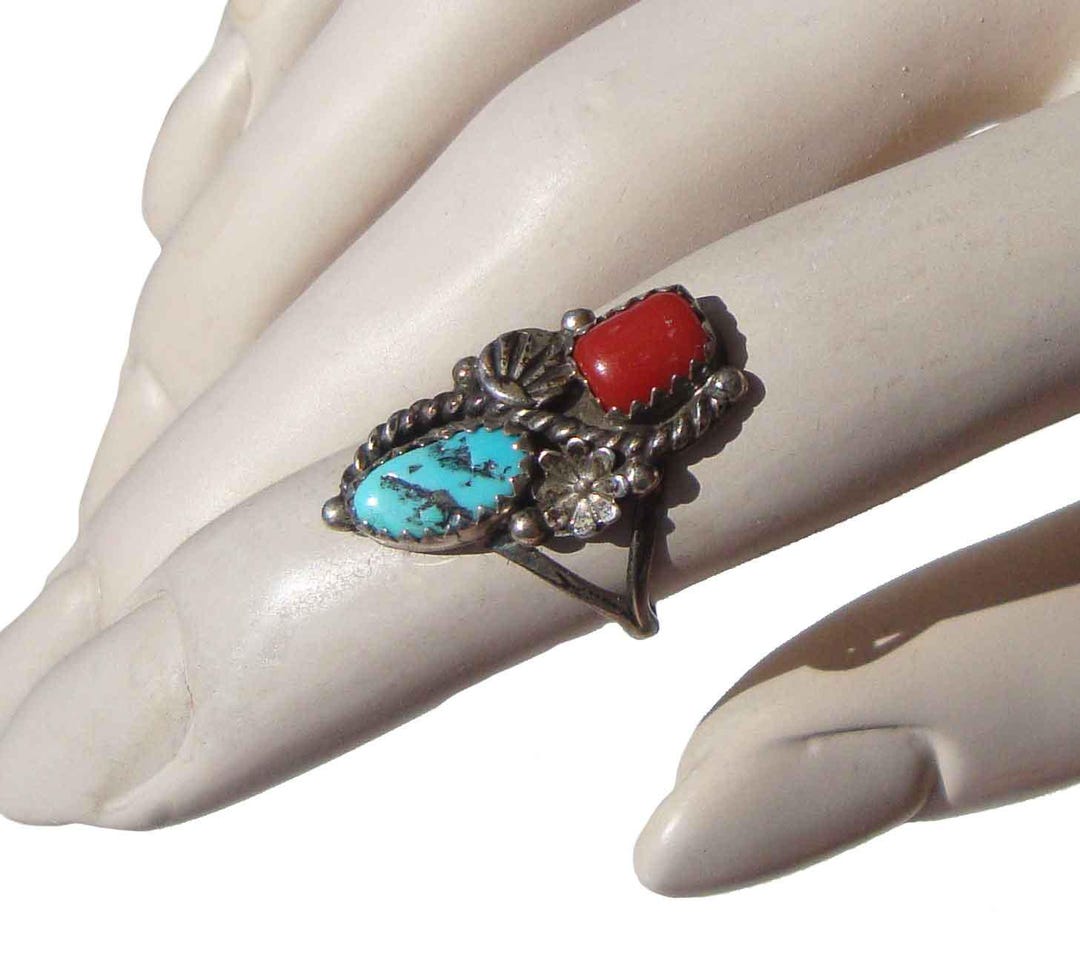 Vintage Navajo Ring Sterling Silver Turquoise & Coral Sz 5.5 - Etsy