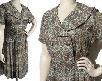 Vintage 50s Korell Dress Shirtwaist Cotton Mughal Print M / L