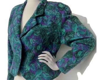 Vintage 90s Jacket Blue Floral Wool Crop Coat by Billevesee Paris M