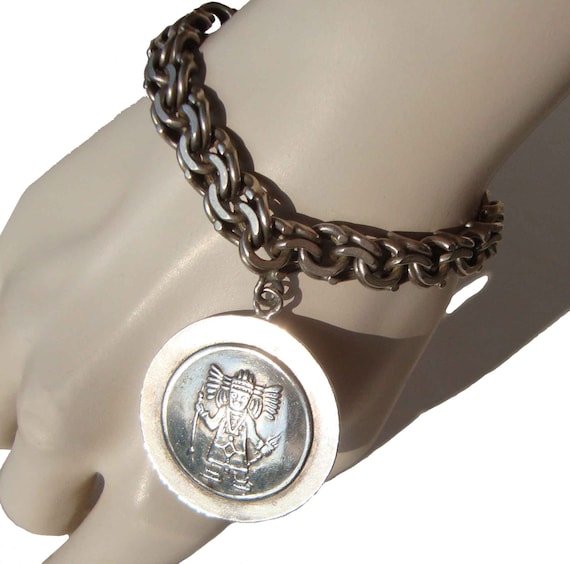 Vintage Aztec Charm Bracelet Sterling Silver Medal