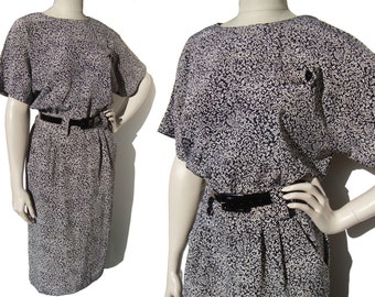 Vintage 80s Dress Black & White Modernist Print M