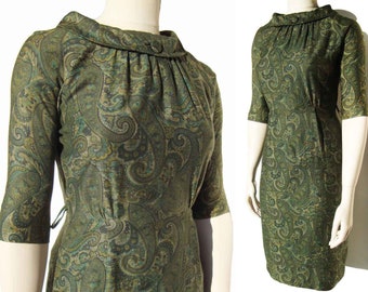 Vintage 60s Dress Green Paisley Sheath S