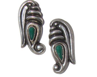Aretes mexicanos vintage de los años 40 de plata maya y ónix verde estilo precolombino