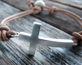 Cross  Bracelet in Silver on Natural Leather for HIM