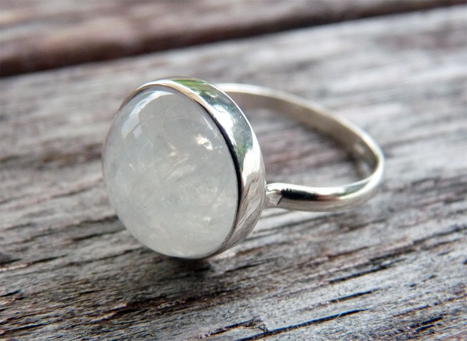 Rainbow Moonstone Bezel Set Ring Argentium Sterling Silver and Matching