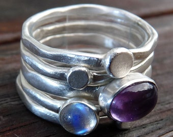 Sterling Silver Set of Five Organic Pebble Rings