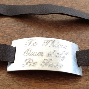Sterling Silver Leather ID Bracelet Tag Script