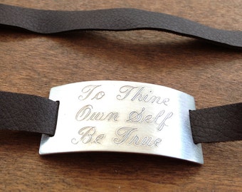 Sterling Silver Leather ID Bracelet Tag Script