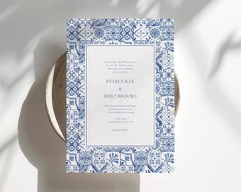 Blue Wedding Invitation Canva Template, Portuguese Tile Wedding Invite, Azulejo Invites, Mediterranean Invitation for Wedding Blue and White