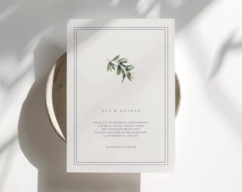 Simple Wedding Invitation Template Download, Modern Elegant Olive Branch Wedding Invitation, Editable Olive Wedding Invite Download Minimal