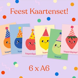 Feestelijke Fruitjes Kaartenset | Verjaardagskaarten - Set van 6 A6 kaarten | Jarig, geslaagd, diploma, of om een ander feestje te vieren!