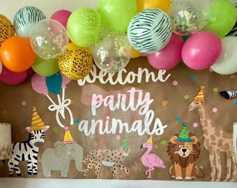 Hand painted WELCOME PARTY ANIMALS party banner - Kraft paper - Halloween banner - party decor - party sign